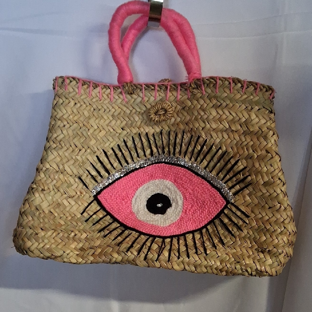 Handcrafted Moroccan Straw Bag with Stylish Eye Embroidery